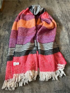 A New Day Color-block style Coral, Purple, Orange & Black Striped Fringe Scarf